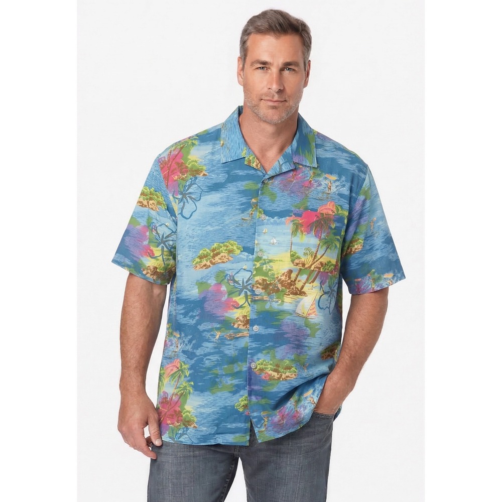 Daniel Cremieux Mens XL Tropical Hawaiian Shirt Blue Italian Fabric Cotton